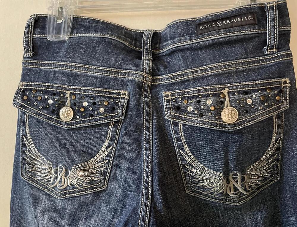 Rock & Republic Jeans Womens 8 Blue Kasandra Bootcut Rhinestone Wings Denim